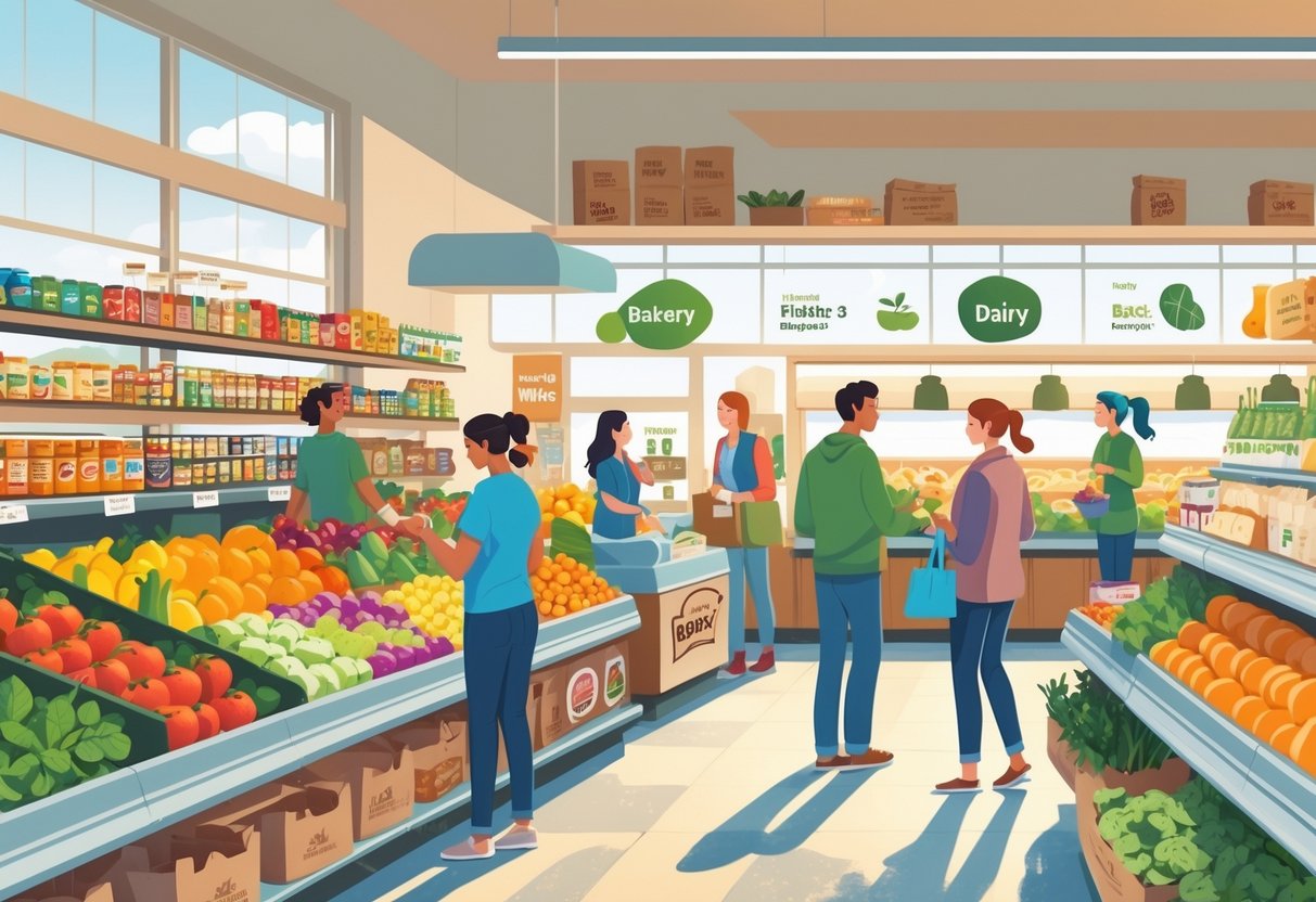 Shoppers browsing fresh produce and grocery aisles inside a bright, clean grocery store with a cashier assisting customers at checkout.