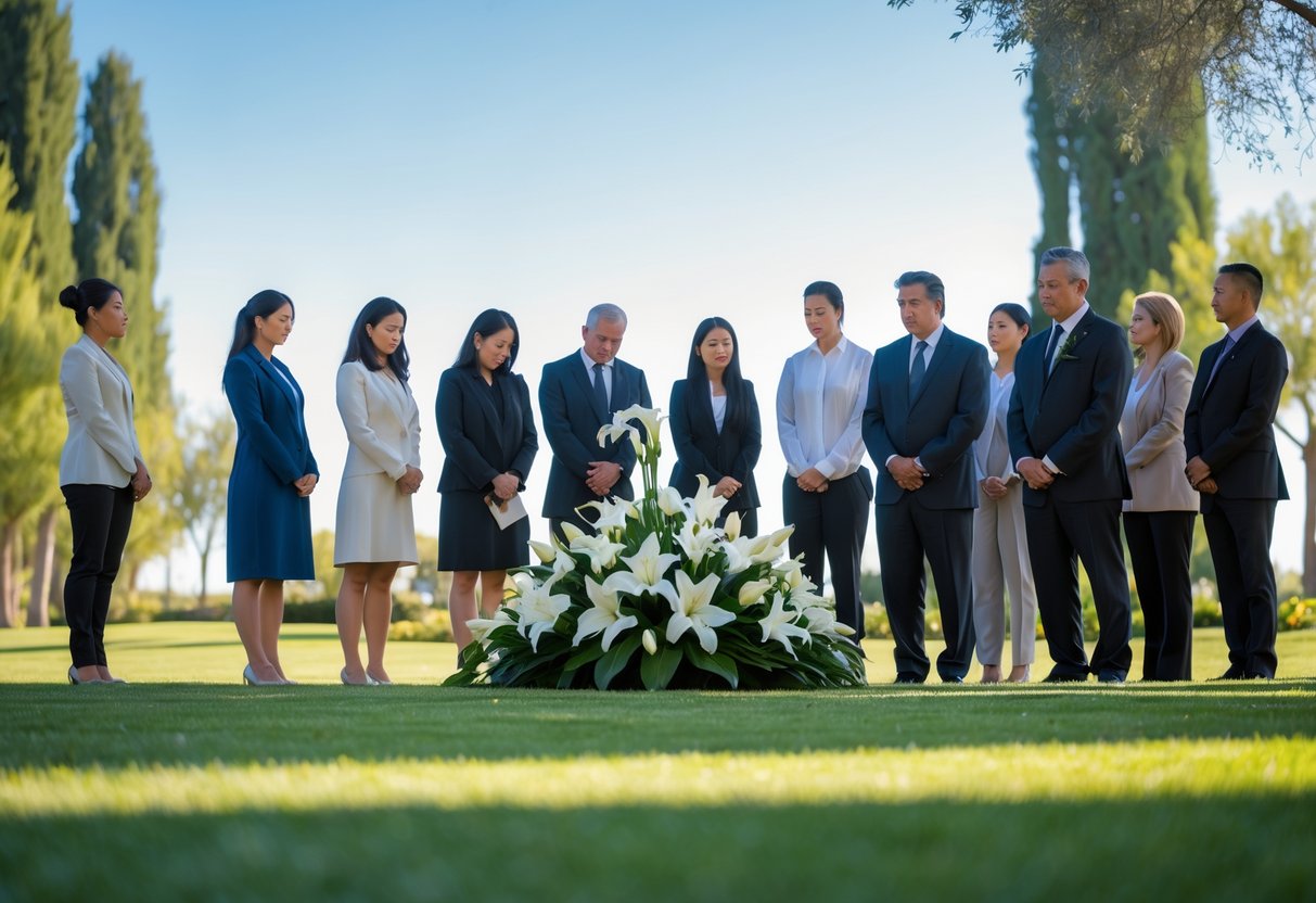 A small group of people gathered outdoors near floral arrangements at a funeral service on a sunny day.