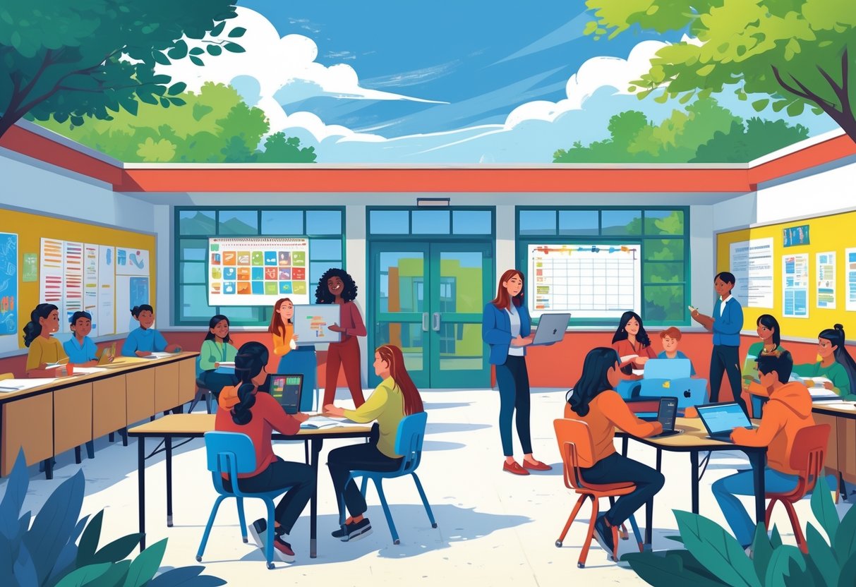 Students and teachers interacting in classrooms and school grounds with educational materials and a school building in the background.