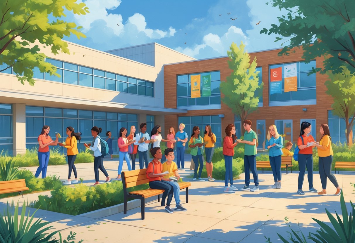 A school courtyard in Orland, California with students, teachers, and community members interacting and engaging in learning and support activities.