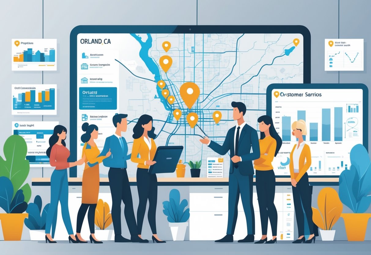 People meeting with a real estate agent in an office with a map of Orland, California and real estate-related icons around them.