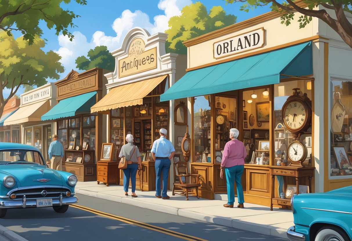 A street in Orland, California, with antique shops and people browsing vintage items outside the stores.
