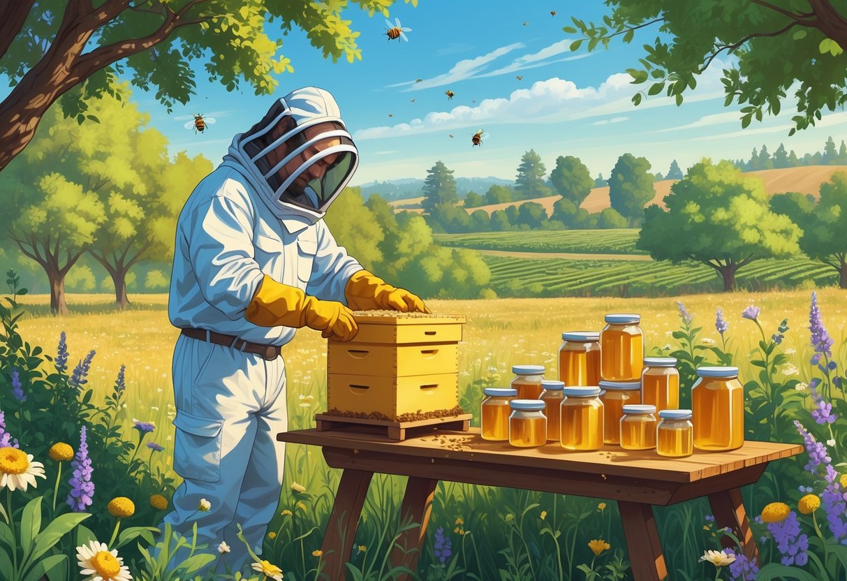 A beekeeper in protective clothing inspects a beehive surrounded by flowers and farmland with honey jars displayed nearby.
