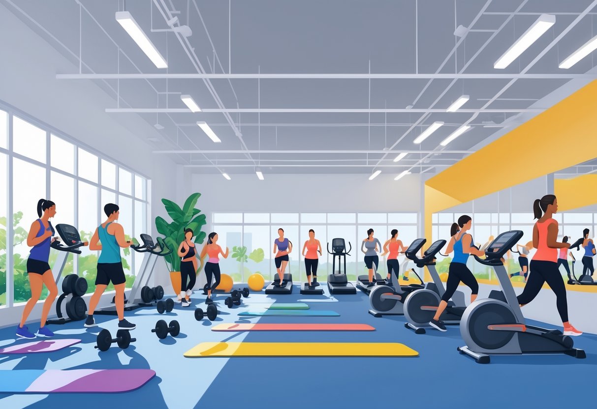 A gym interior with people exercising using various equipment, showing different fitness activities and membership options visually represented without text.