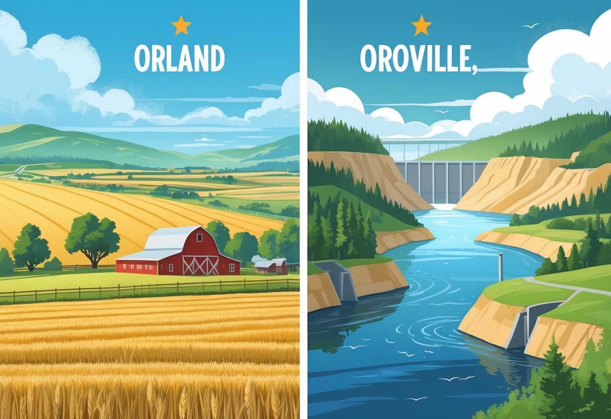 Side-by-side landscapes showing Orland with wheat fields and a barn, and Oroville with a lake, dam, and forested hills.